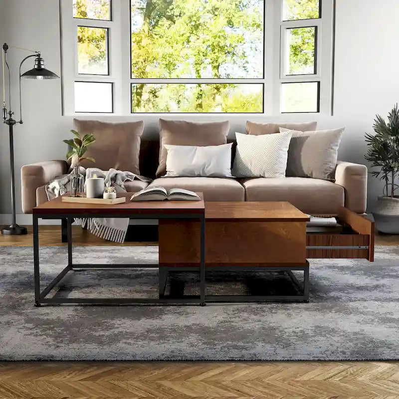 Tables basses gigognes carrées rustiques marron Saxon 2 pièces en bois massif avec 1 tiroir par Furniture of America