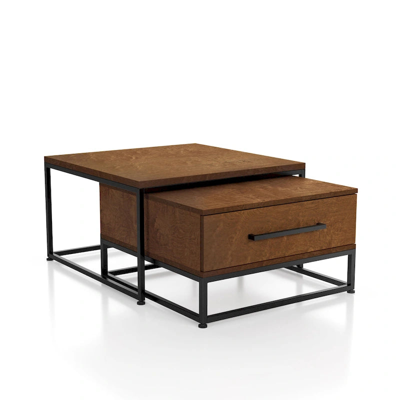 Tables basses gigognes carrées rustiques marron Saxon 2 pièces en bois massif avec 1 tiroir par Furniture of America