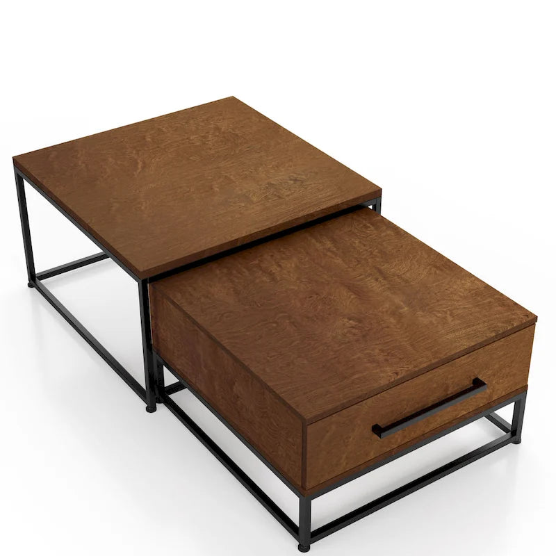 Tables basses gigognes carrées rustiques marron Saxon 2 pièces en bois massif avec 1 tiroir par Furniture of America