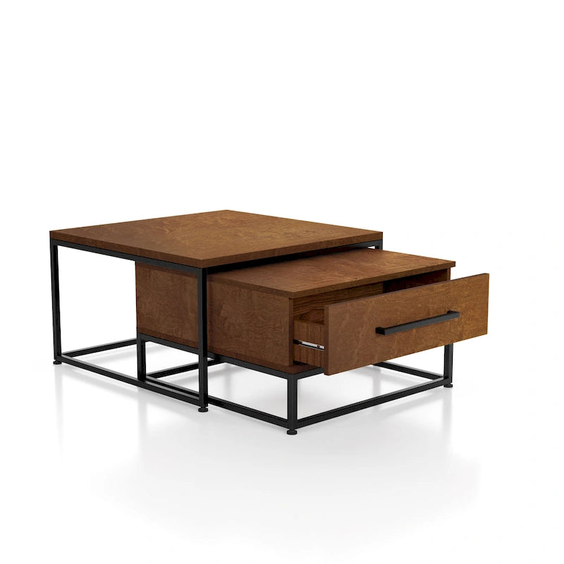 Tables basses gigognes carrées rustiques marron Saxon 2 pièces en bois massif avec 1 tiroir par Furniture of America