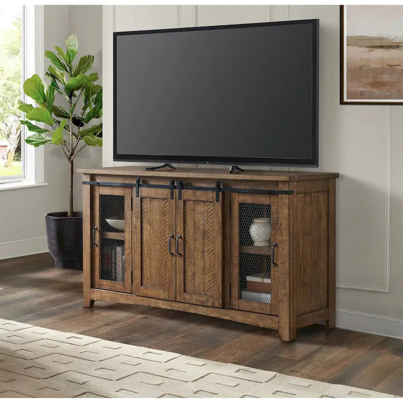 Meuble TV console Brookhaven en bois massif avec portes coulissantes de 65 po – 35 po de haut x 65 po de large x 19 po de profond