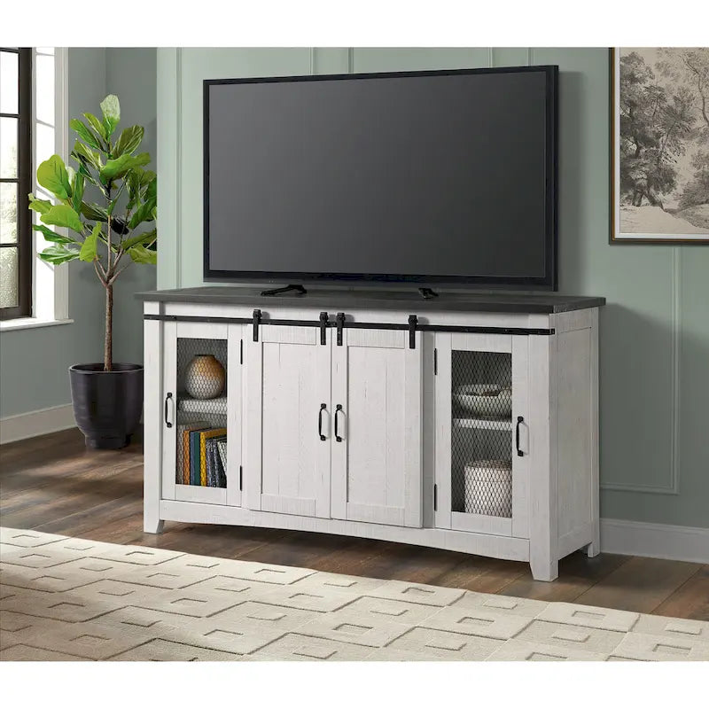 Meuble TV console Brookhaven en bois massif avec portes coulissantes de 65 po – 35 po de haut x 65 po de large x 19 po de profond