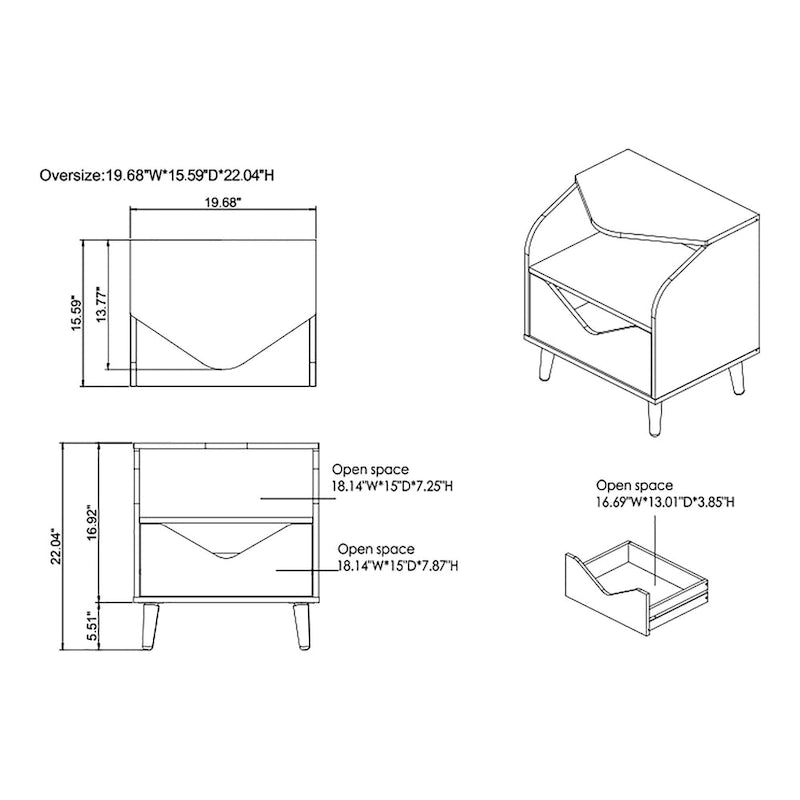 Table d'appoint Denhour DH BASIC Mid-century Modern de 50,8 cm avec 1 étagère et 1 tiroir