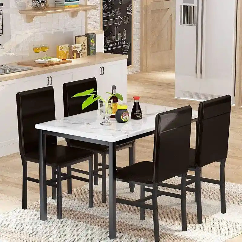 Ensemble table et chaises de salle à manger moderne pour 4 personnes, table à manger en faux marbre avec 4 chaises rembourrées en cuir PU pour salon, cuisine