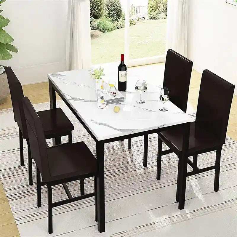 Ensemble table et chaises de salle à manger moderne pour 4 personnes, table à manger en faux marbre avec 4 chaises rembourrées en cuir PU pour salon, cuisine