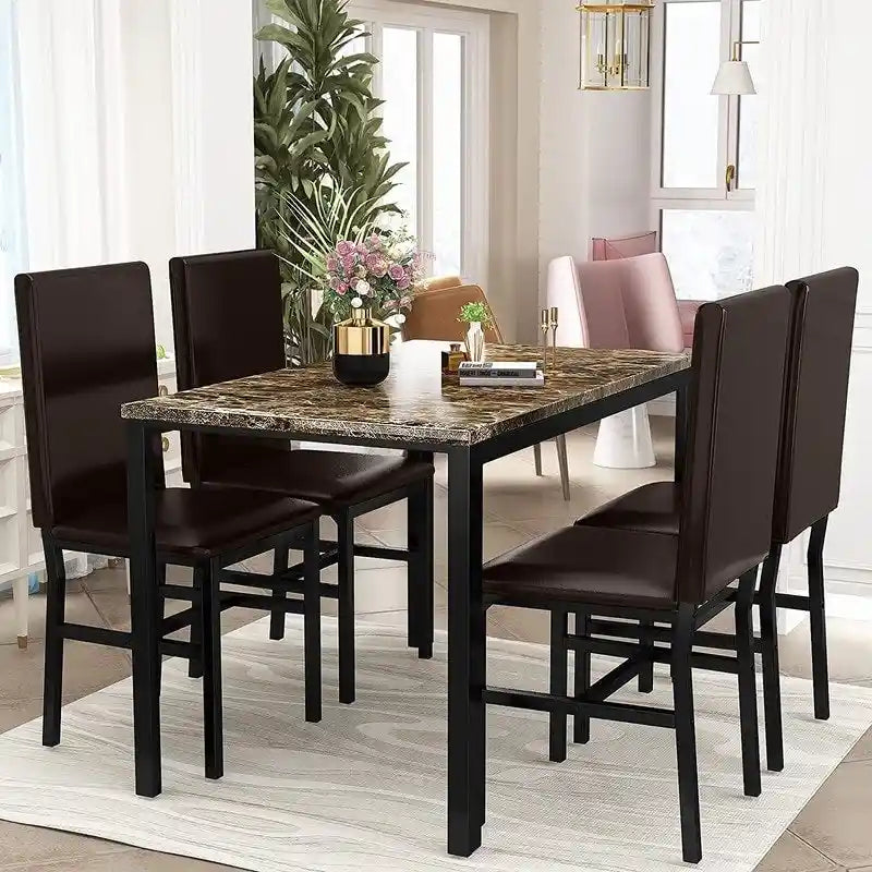 Ensemble table et chaises de salle à manger moderne pour 4 personnes, table à manger en faux marbre avec 4 chaises rembourrées en cuir PU pour salon, cuisine