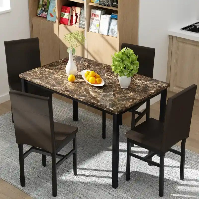 Ensemble table et chaises de salle à manger moderne pour 4 personnes, table à manger en faux marbre avec 4 chaises rembourrées en cuir PU pour salon, cuisine