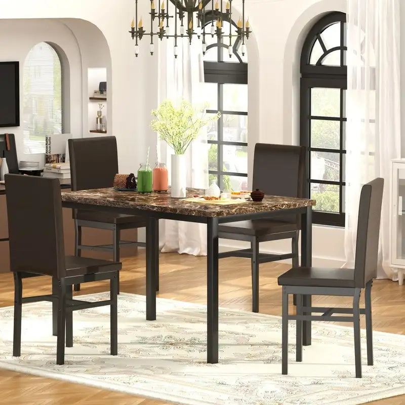Ensemble table et chaises de salle à manger moderne pour 4 personnes, table à manger en faux marbre avec 4 chaises rembourrées en cuir PU pour salon, cuisine