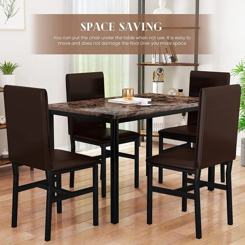 Ensemble table et chaises de salle à manger moderne pour 4 personnes, table à manger en faux marbre avec 4 chaises rembourrées en cuir PU pour salon, cuisine