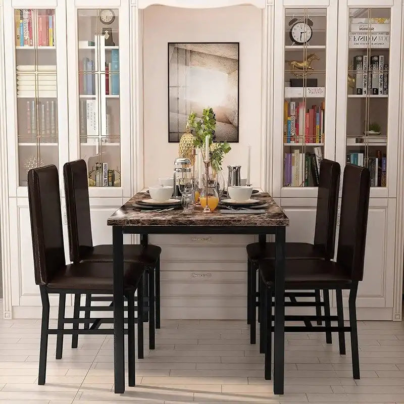 Ensemble table et chaises de salle à manger moderne pour 4 personnes, table à manger en faux marbre avec 4 chaises rembourrées en cuir PU pour salon, cuisine