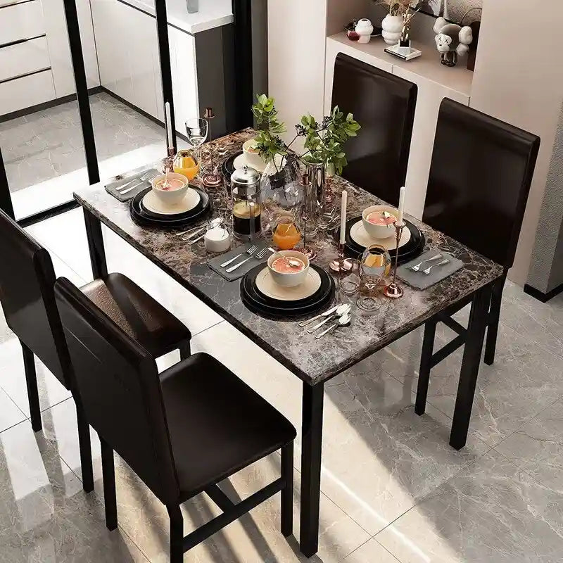 Ensemble table et chaises de salle à manger moderne pour 4 personnes, table à manger en faux marbre avec 4 chaises rembourrées en cuir PU pour salon, cuisine