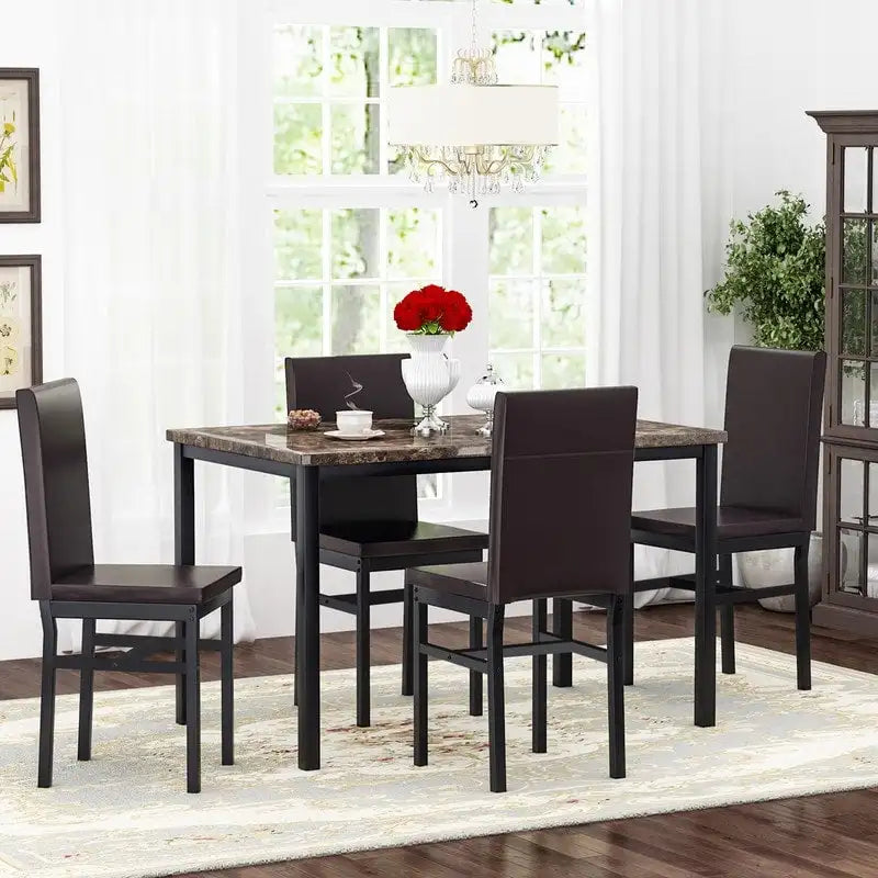 Ensemble table et chaises de salle à manger moderne pour 4 personnes, table à manger en faux marbre avec 4 chaises rembourrées en cuir PU pour salon, cuisine