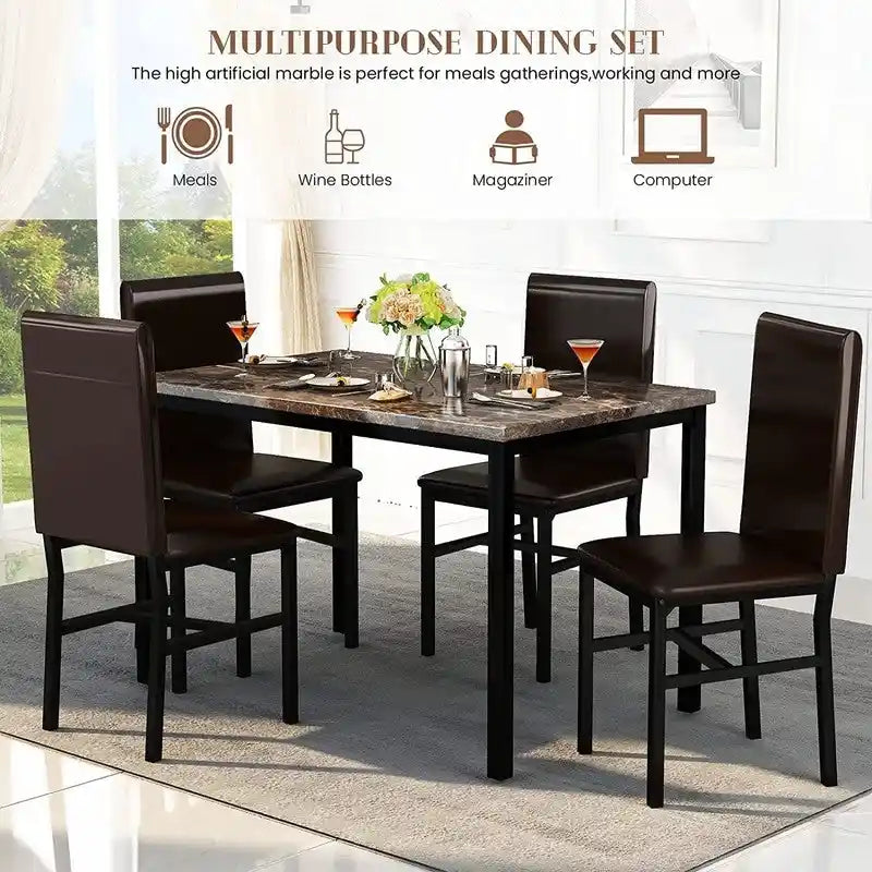 Ensemble table et chaises de salle à manger moderne pour 4 personnes, table à manger en faux marbre avec 4 chaises rembourrées en cuir PU pour salon, cuisine