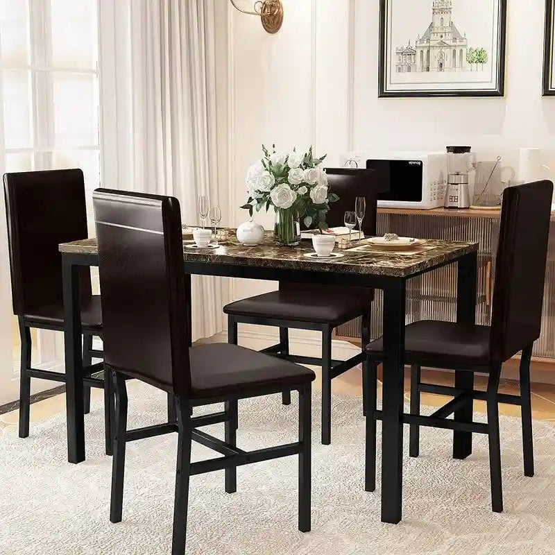 Ensemble table et chaises de salle à manger moderne pour 4 personnes, table à manger en faux marbre avec 4 chaises rembourrées en cuir PU pour salon, cuisine