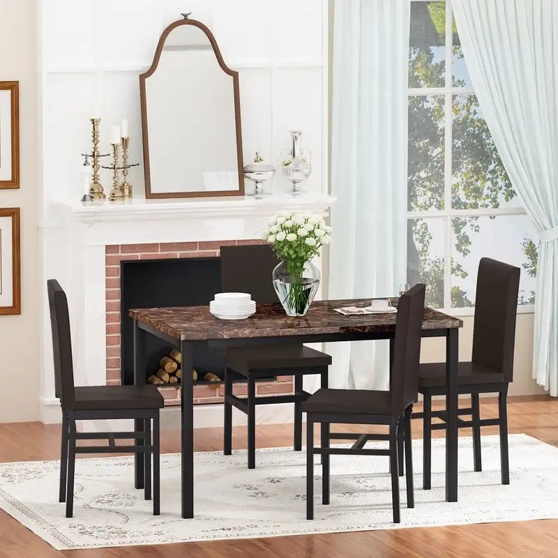 Ensemble table et chaises de salle à manger moderne pour 4 personnes, table à manger en faux marbre avec 4 chaises rembourrées en cuir PU pour salon, cuisine