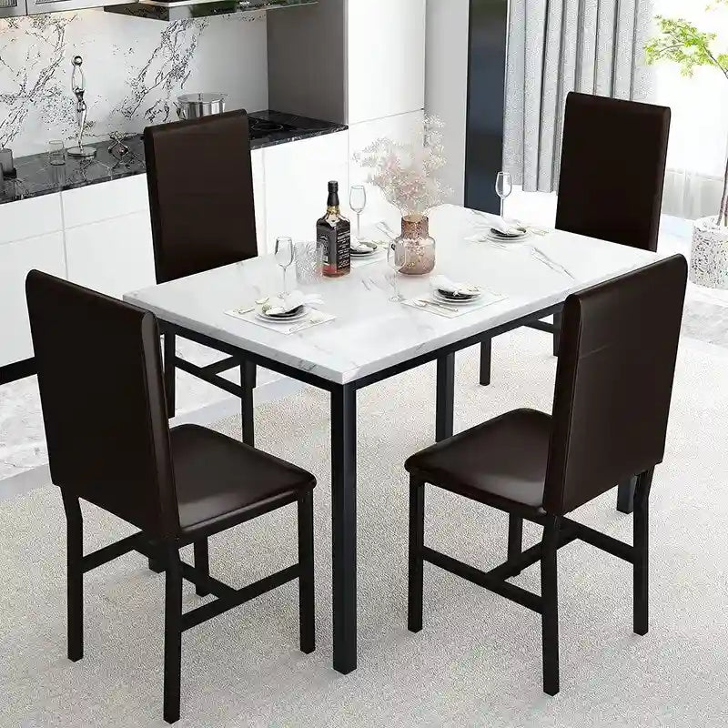 Ensemble table et chaises de salle à manger moderne pour 4 personnes, table à manger en faux marbre avec 4 chaises rembourrées en cuir PU pour salon, cuisine
