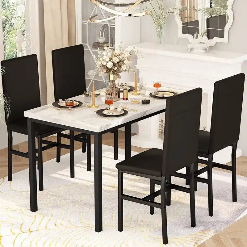 Ensemble table et chaises de salle à manger moderne pour 4 personnes, table à manger en faux marbre avec 4 chaises rembourrées en cuir PU pour salon, cuisine