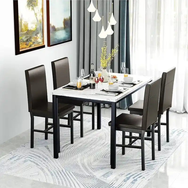 Ensemble table et chaises de salle à manger moderne pour 4 personnes, table à manger en faux marbre avec 4 chaises rembourrées en cuir PU pour salon, cuisine