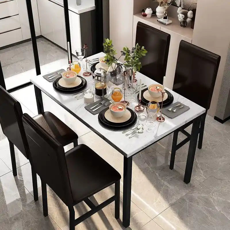 Ensemble table et chaises de salle à manger moderne pour 4 personnes, table à manger en faux marbre avec 4 chaises rembourrées en cuir PU pour salon, cuisine
