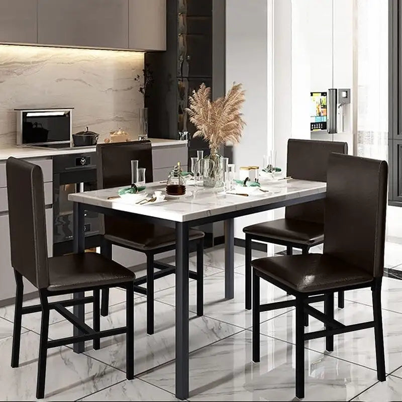 Ensemble table et chaises de salle à manger moderne pour 4 personnes, table à manger en faux marbre avec 4 chaises rembourrées en cuir PU pour salon, cuisine