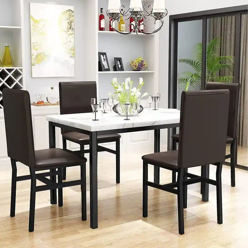 Ensemble table et chaises de salle à manger moderne pour 4 personnes, table à manger en faux marbre avec 4 chaises rembourrées en cuir PU pour salon, cuisine