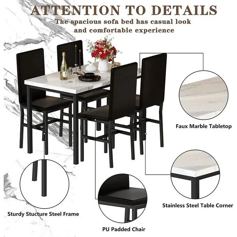 Ensemble table et chaises de salle à manger moderne pour 4 personnes, table à manger en faux marbre avec 4 chaises rembourrées en cuir PU pour salon, cuisine