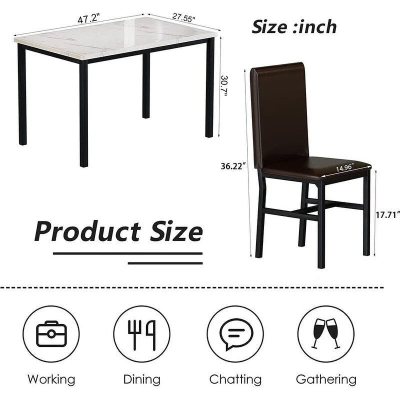 Ensemble table et chaises de salle à manger moderne pour 4 personnes, table à manger en faux marbre avec 4 chaises rembourrées en cuir PU pour salon, cuisine