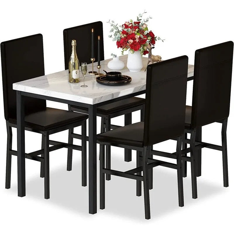 Ensemble table et chaises de salle à manger moderne pour 4 personnes, table à manger en faux marbre avec 4 chaises rembourrées en cuir PU pour salon, cuisine