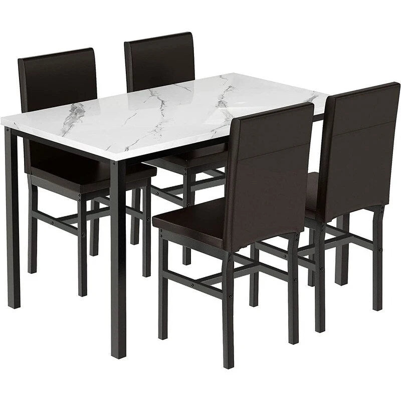 Ensemble table et chaises de salle à manger moderne pour 4 personnes, table à manger en faux marbre avec 4 chaises rembourrées en cuir PU pour salon, cuisine
