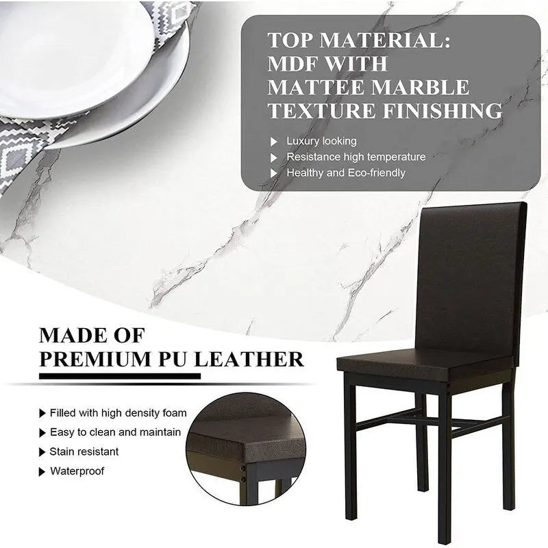 Ensemble table et chaises de salle à manger moderne pour 4 personnes, table à manger en faux marbre avec 4 chaises rembourrées en cuir PU pour salon, cuisine