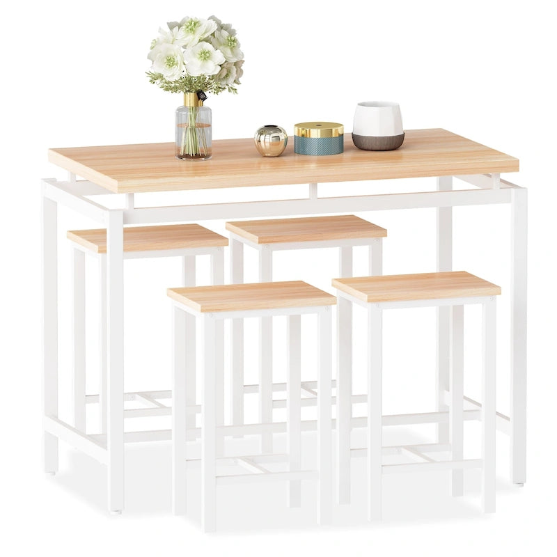 Ensemble de table à manger 5 pièces Mieres de style industriel minimaliste avec plateau en bois et quatre tabourets pour cuisine et salle à manger