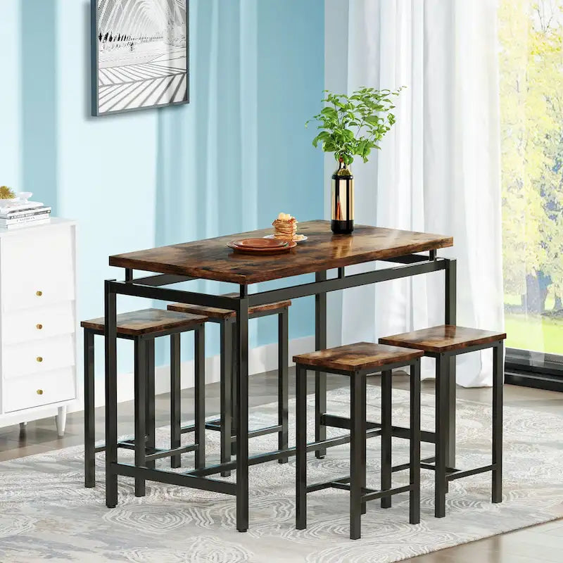 Ensemble de table à manger 5 pièces Mieres de style industriel minimaliste avec plateau en bois et quatre tabourets pour cuisine et salle à manger