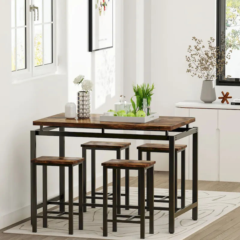 Ensemble de table à manger 5 pièces Mieres de style industriel minimaliste avec plateau en bois et quatre tabourets pour cuisine et salle à manger