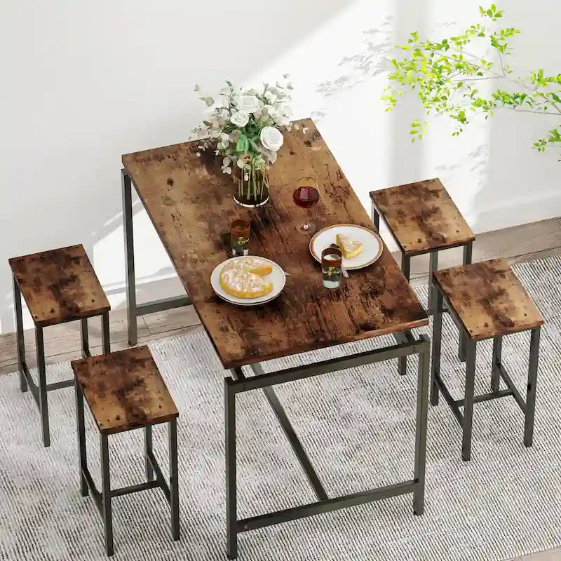 Ensemble de table à manger 5 pièces Mieres de style industriel minimaliste avec plateau en bois et quatre tabourets pour cuisine et salle à manger