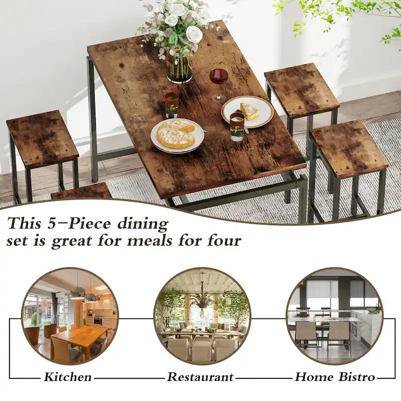 Ensemble de table à manger 5 pièces Mieres de style industriel minimaliste avec plateau en bois et quatre tabourets pour cuisine et salle à manger