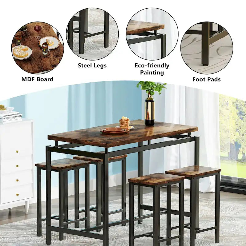 Ensemble de table à manger 5 pièces Mieres de style industriel minimaliste avec plateau en bois et quatre tabourets pour cuisine et salle à manger