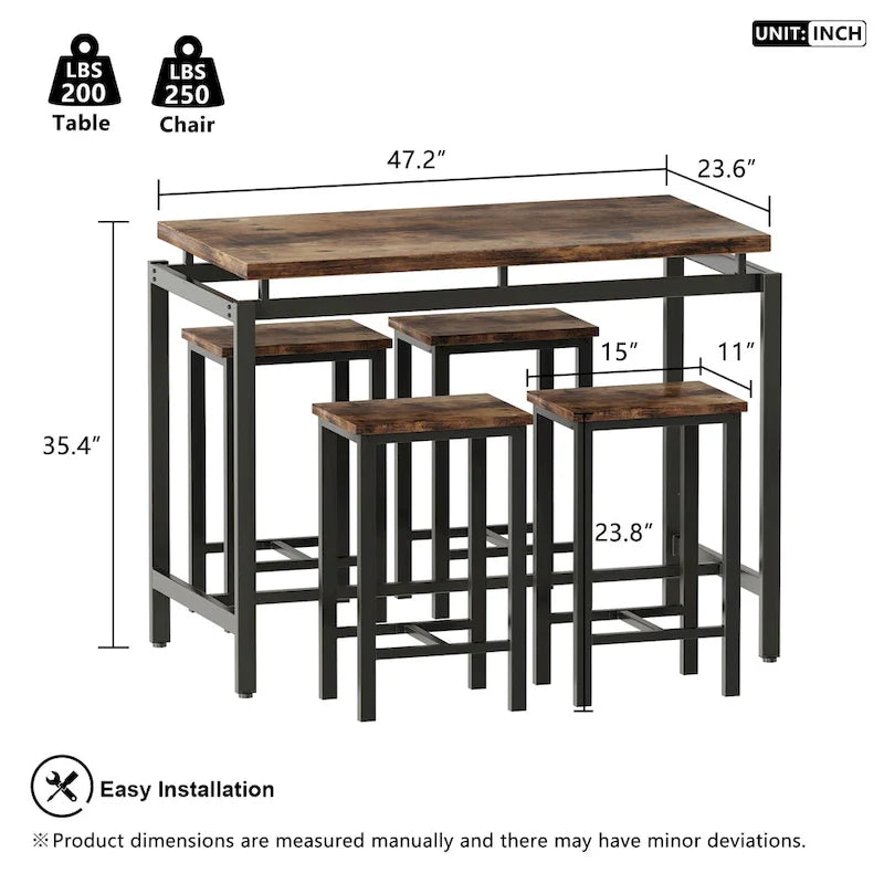 Ensemble de table à manger 5 pièces Mieres de style industriel minimaliste avec plateau en bois et quatre tabourets pour cuisine et salle à manger
