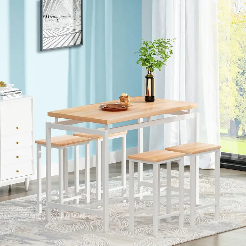 Ensemble de table à manger 5 pièces Mieres de style industriel minimaliste avec plateau en bois et quatre tabourets pour cuisine et salle à manger