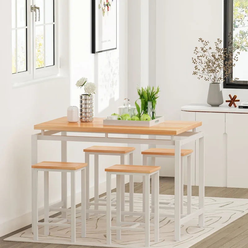 Ensemble de table à manger 5 pièces Mieres de style industriel minimaliste avec plateau en bois et quatre tabourets pour cuisine et salle à manger