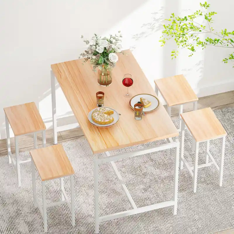 Ensemble de table à manger 5 pièces Mieres de style industriel minimaliste avec plateau en bois et quatre tabourets pour cuisine et salle à manger