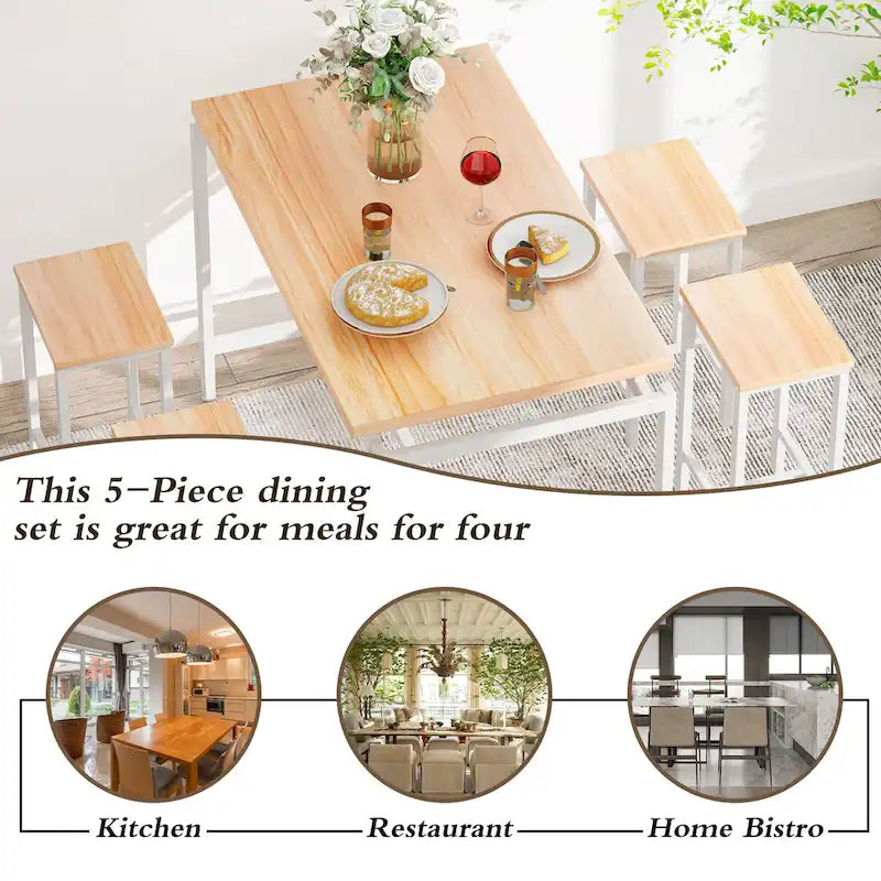 Ensemble de table à manger 5 pièces Mieres de style industriel minimaliste avec plateau en bois et quatre tabourets pour cuisine et salle à manger