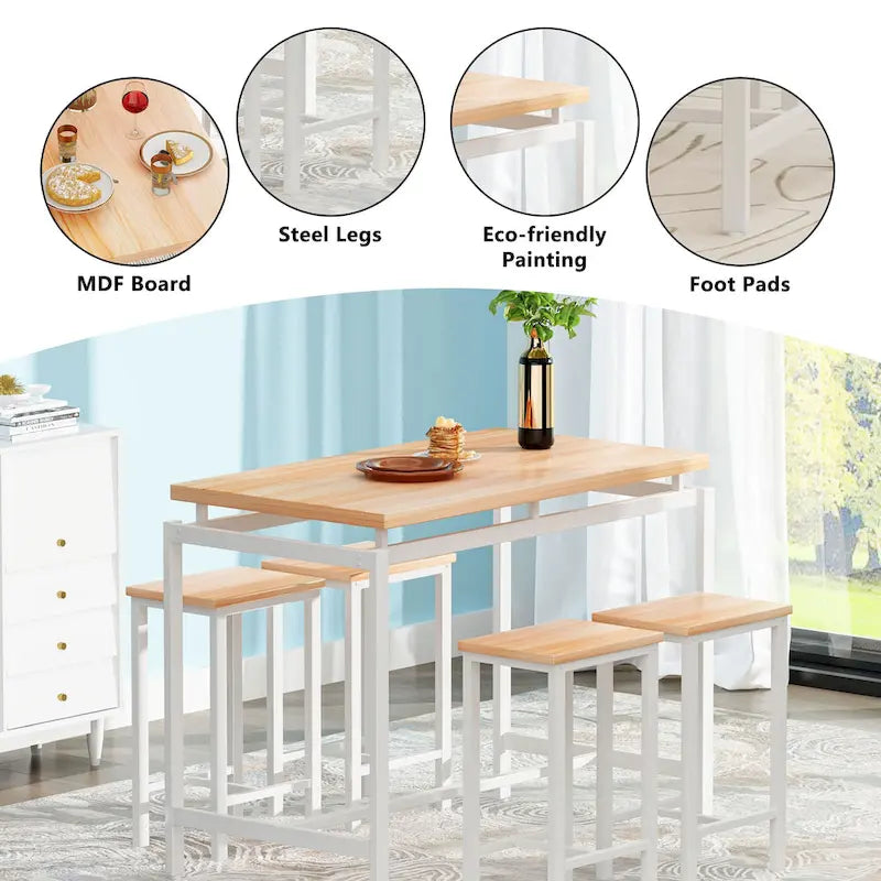Ensemble de table à manger 5 pièces Mieres de style industriel minimaliste avec plateau en bois et quatre tabourets pour cuisine et salle à manger