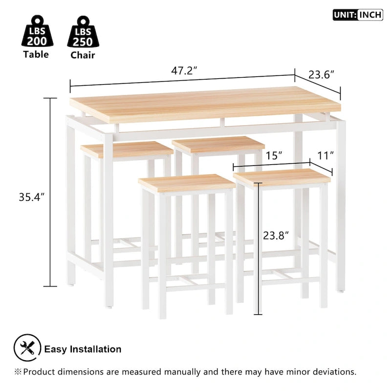 Ensemble de table à manger 5 pièces Mieres de style industriel minimaliste avec plateau en bois et quatre tabourets pour cuisine et salle à manger