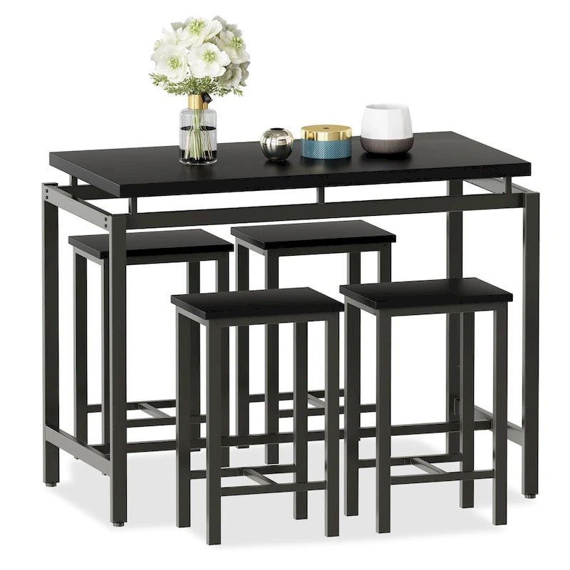 Ensemble de table à manger 5 pièces Mieres de style industriel minimaliste avec plateau en bois et quatre tabourets pour cuisine et salle à manger