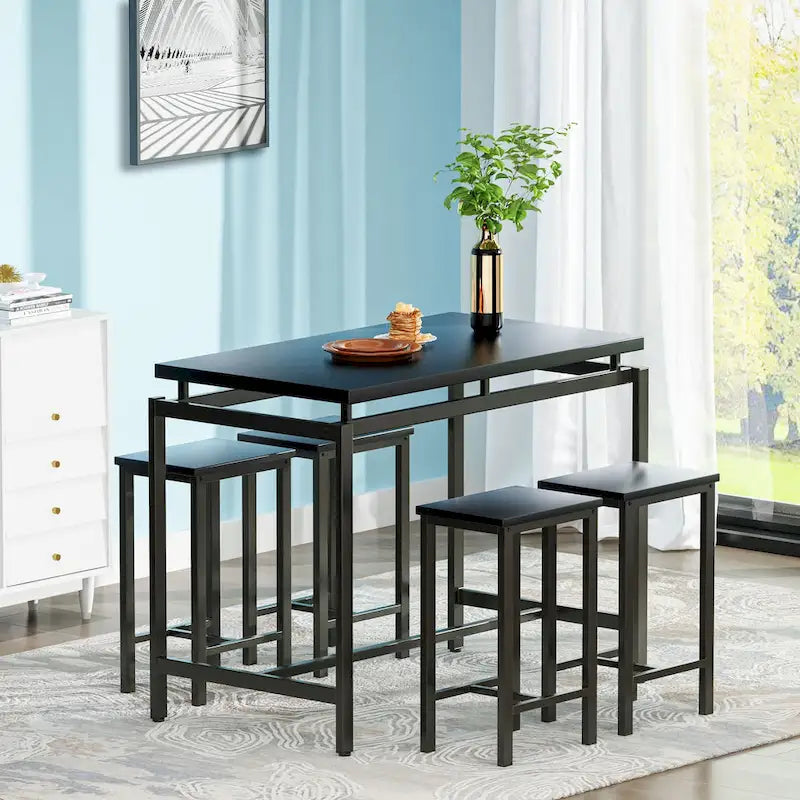 Ensemble de table à manger 5 pièces Mieres de style industriel minimaliste avec plateau en bois et quatre tabourets pour cuisine et salle à manger
