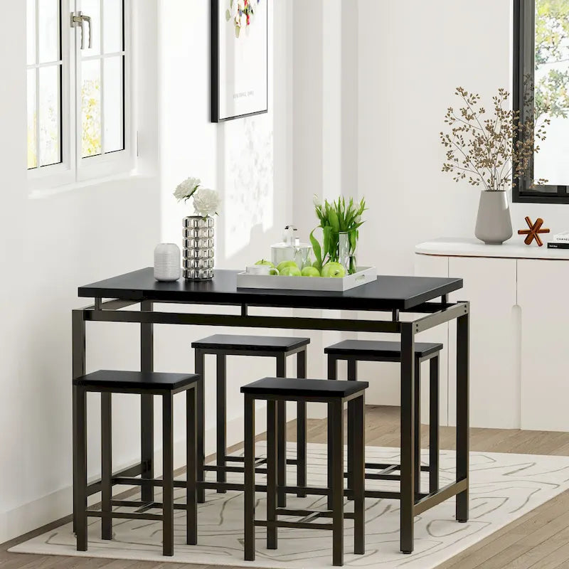Ensemble de table à manger 5 pièces Mieres de style industriel minimaliste avec plateau en bois et quatre tabourets pour cuisine et salle à manger