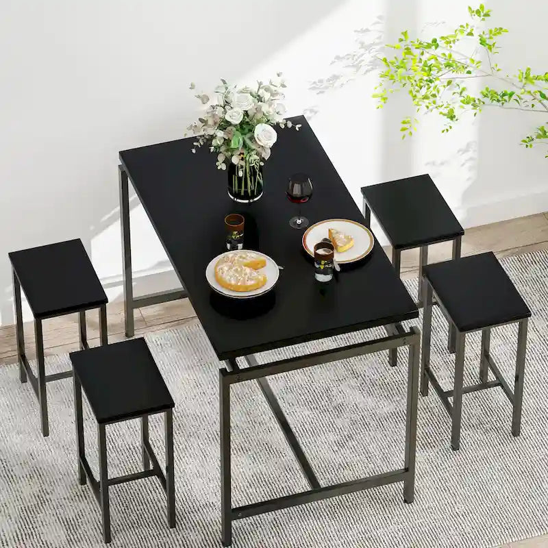 Ensemble de table à manger 5 pièces Mieres de style industriel minimaliste avec plateau en bois et quatre tabourets pour cuisine et salle à manger