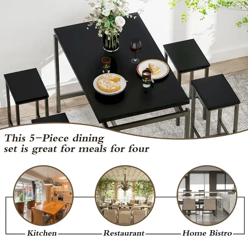 Ensemble de table à manger 5 pièces Mieres de style industriel minimaliste avec plateau en bois et quatre tabourets pour cuisine et salle à manger