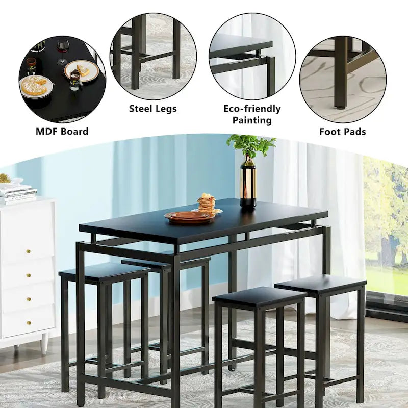 Ensemble de table à manger 5 pièces Mieres de style industriel minimaliste avec plateau en bois et quatre tabourets pour cuisine et salle à manger