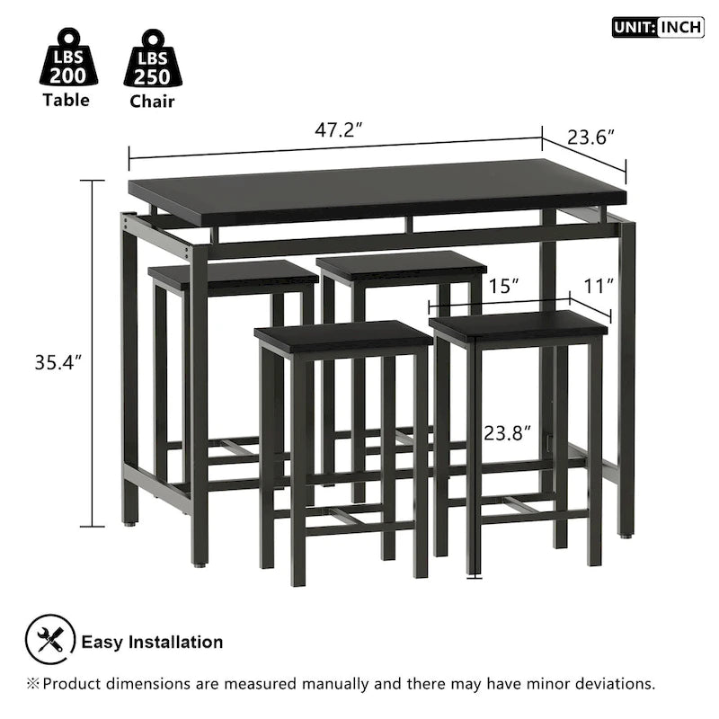 Ensemble de table à manger 5 pièces Mieres de style industriel minimaliste avec plateau en bois et quatre tabourets pour cuisine et salle à manger